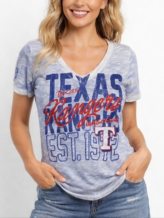 5th & Ocean Tops - Texas Rangers V-Neck Distressed Marble T-Shirt – Size Large